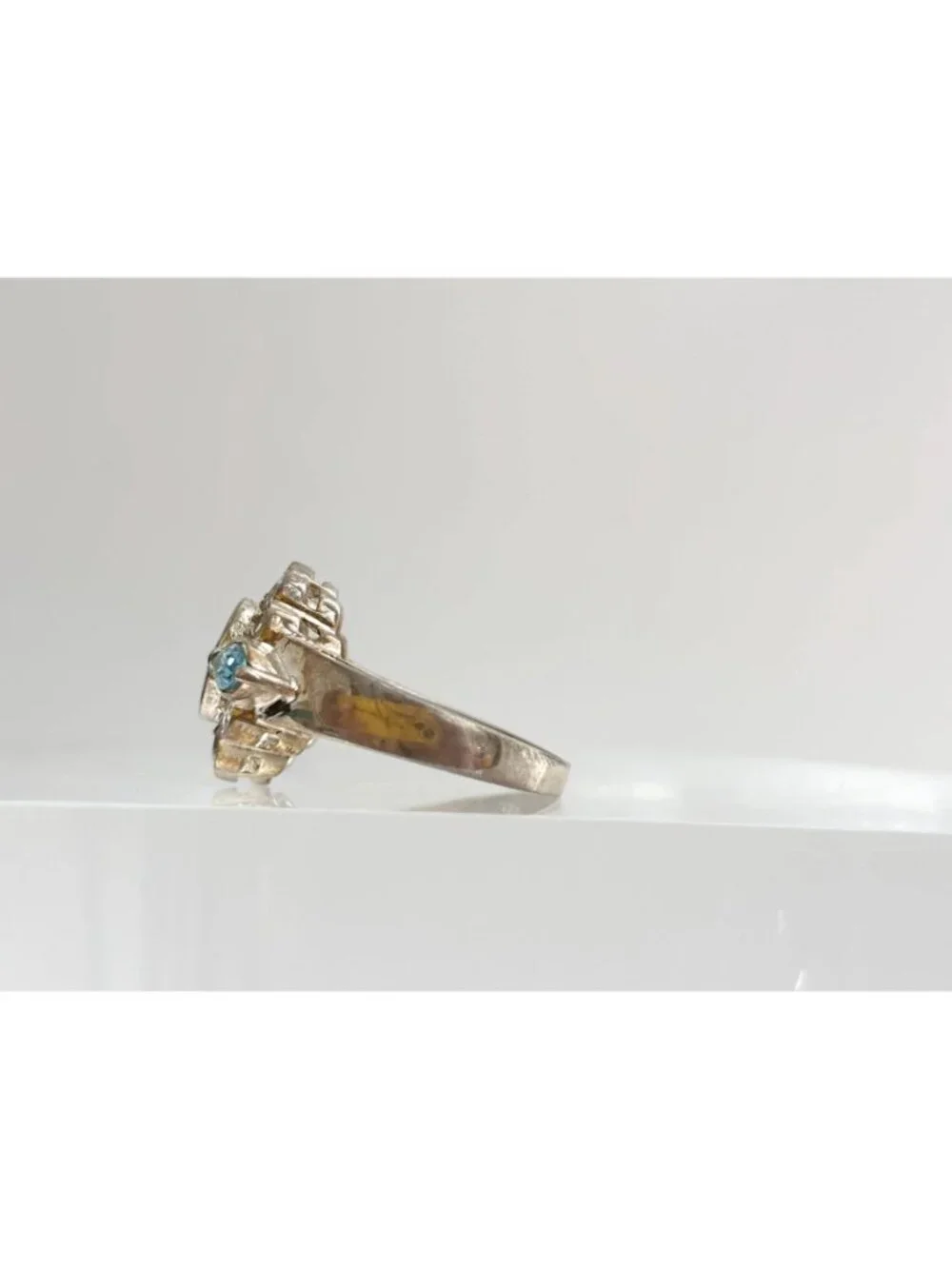 Clear & Blue Topaz Scalloped Gemstone Sterling Silver 925 Vintage Ring - sz 9